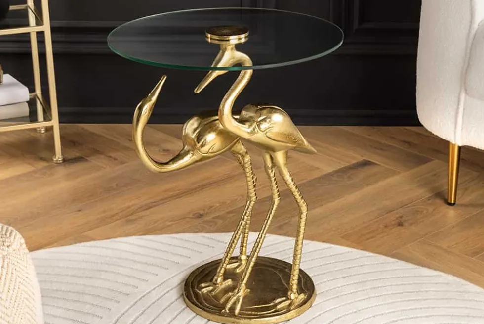 Runder Beistelltisch WILDLIFE CRANE 55cm gold Glas Kranich-Skulptur handmade