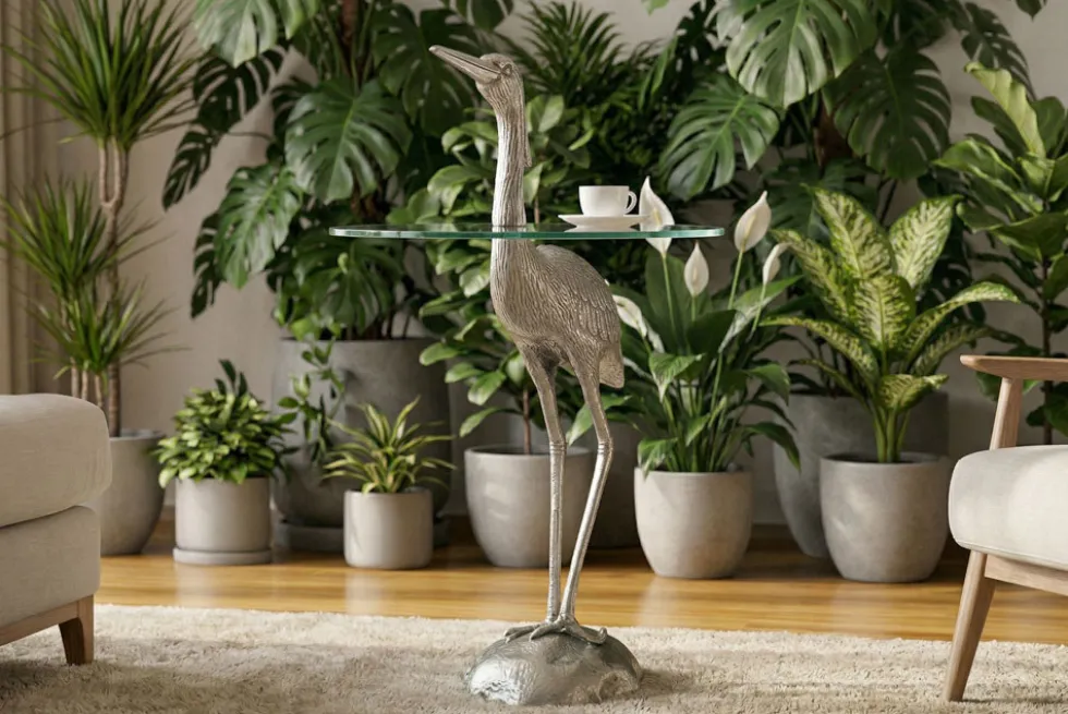 Runder Beistelltisch WILDLIFE HERON 90cm silber Metall Glas Fischreiher Skulptur handmade