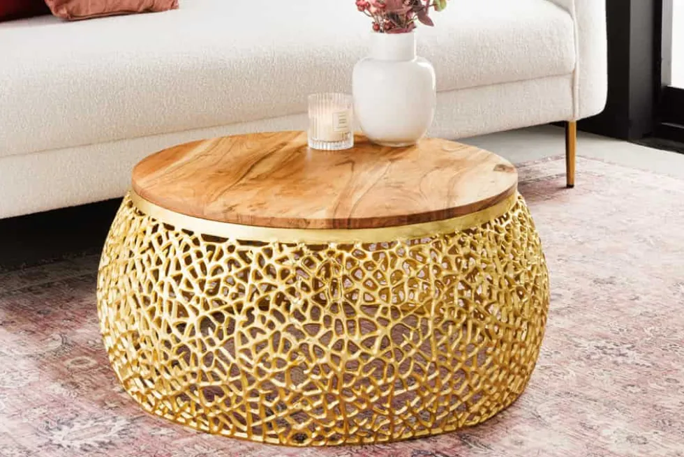 Runder Couchtisch ABSTRACT LEAF 75cm gold Metall massiv Akazienholz filigrane Handarbeit