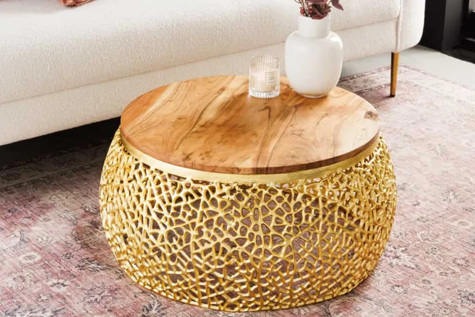 Runder Couchtisch ABSTRACT LEAF 75cm gold Metall massiv Akazienholz filigrane Handarbeit