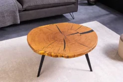 Runder Couchtisch ARBOR 75cm natur Eiche Massivholz schwarz Metall Beistelltisch