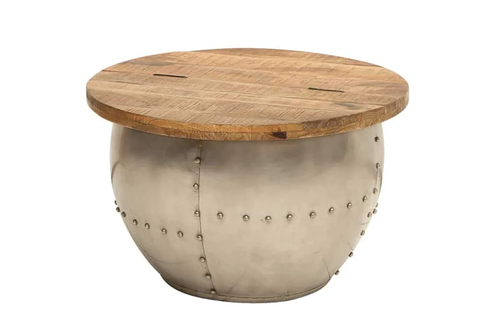Runder Couchtisch DRUMP STORAGE 70cm natur silber Mangoholz mit Stauraum handmade Industrial