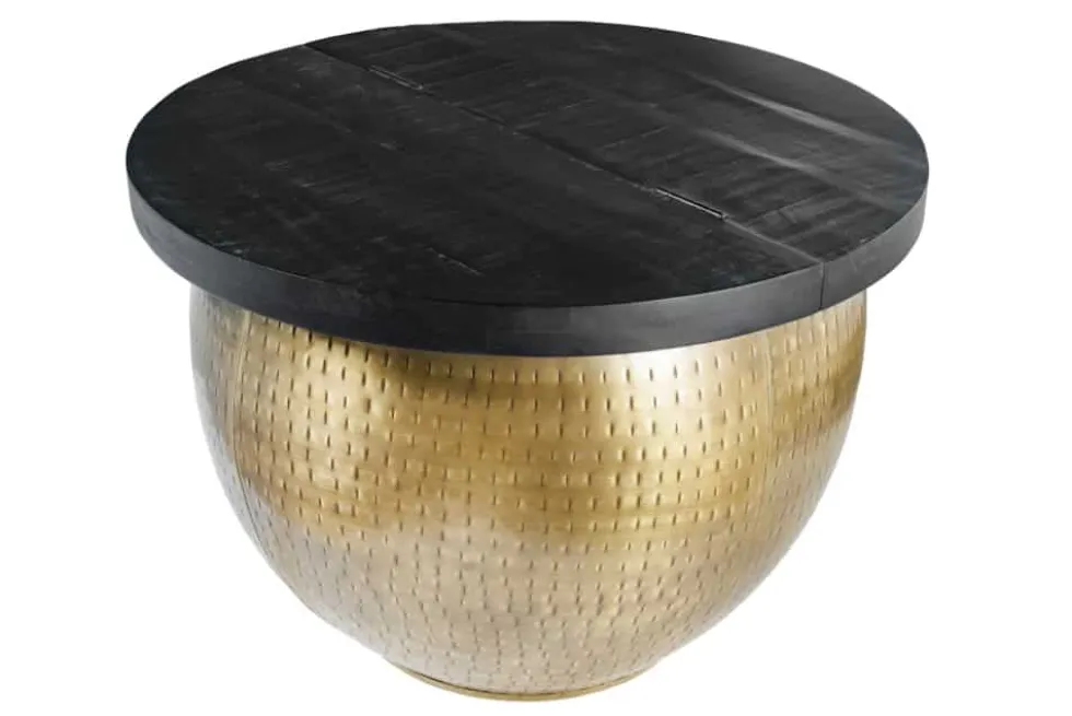 Runder Couchtisch DRUMP STORAGE 60cm gold schwarz Mangoholz Metall mit Stauraum Hammerschlag