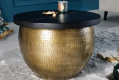 Runder Couchtisch DRUMP STORAGE 60cm gold schwarz Mangoholz Metall mit Stauraum Hammerschlag