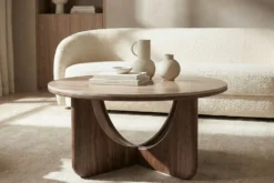 Runder Couchtisch ENSO 80cm champagner greige Travertin Keramik Walnussholz