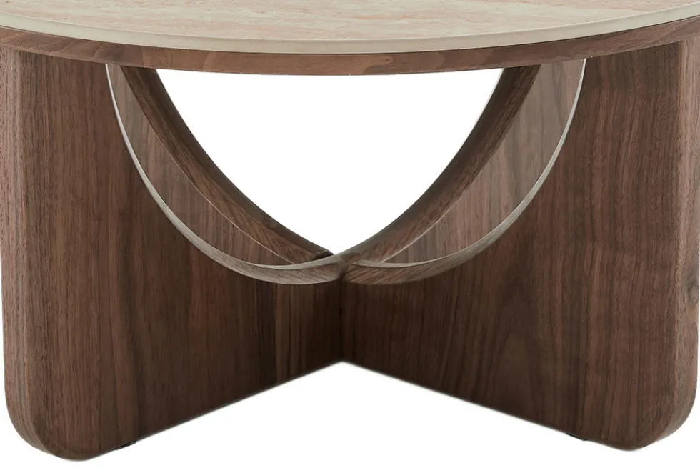 Runder Couchtisch ENSO 80cm champagner greige Travertin Keramik Walnussholz