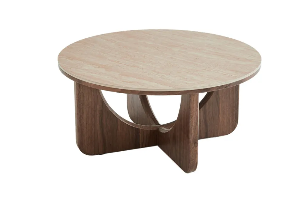 Runder Couchtisch ENSO 80cm champagner greige Travertin Keramik Walnussholz