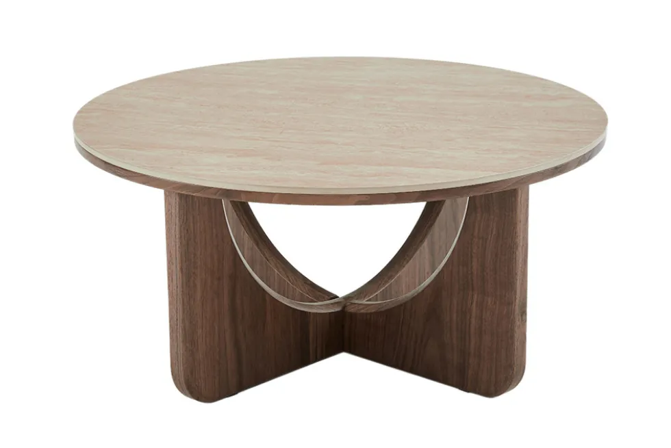 Runder Couchtisch ENSO 80cm champagner greige Travertin Keramik Walnussholz