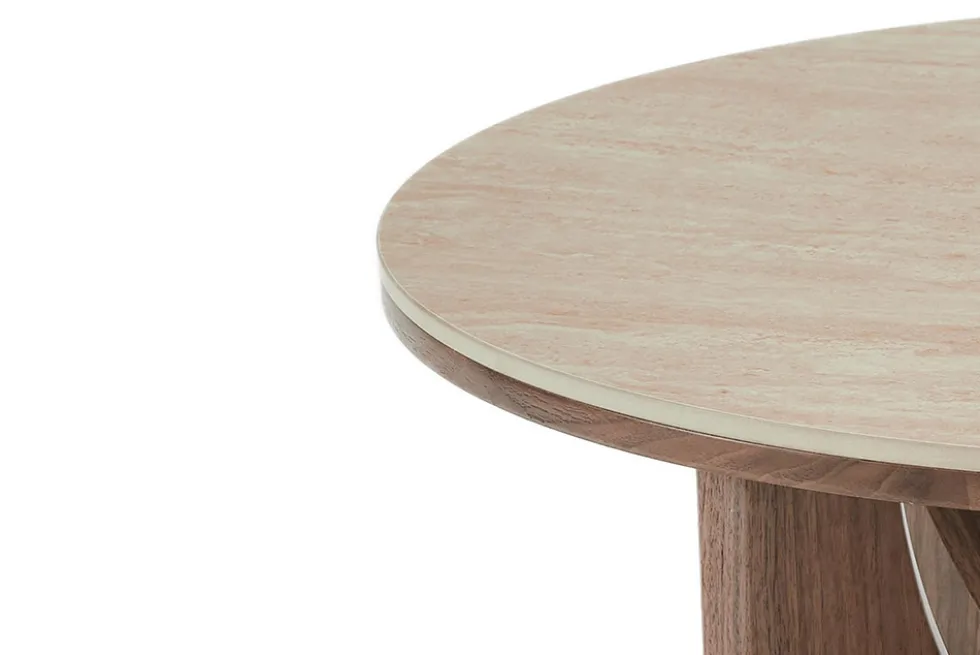 Runder Couchtisch ENSO 80cm champagner greige Travertin Keramik Walnussholz