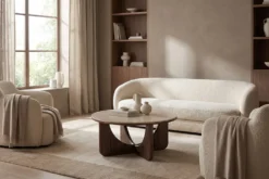 Runder Couchtisch ENSO 80cm champagner greige Travertin Keramik Walnussholz