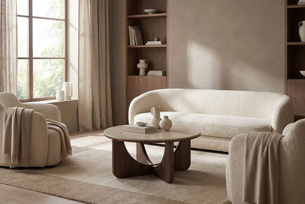 Runder Couchtisch ENSO 80cm champagner greige Travertin Keramik Walnussholz