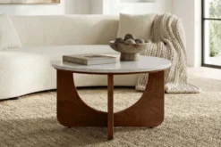 Runder Couchtisch ENSO 60cm weiß Marmor braun massiv Mangoholz