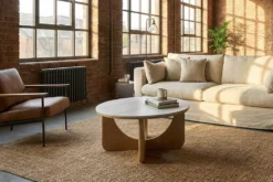 Runder Couchtisch ENSO 80cm weiß Marmor Keramik Eichenholz