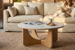 Runder Couchtisch ENSO 80cm weiß Marmor Keramik Eichenholz