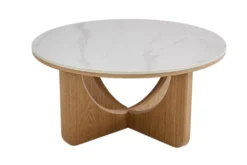 Runder Couchtisch ENSO 80cm weiß Marmor Keramik Eichenholz