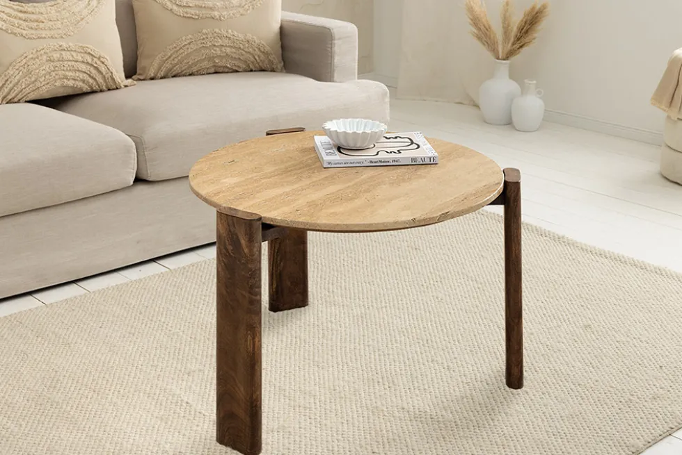 Runder Couchtisch GATSBY 70cm braun Mangoholz mit echtem Travertin