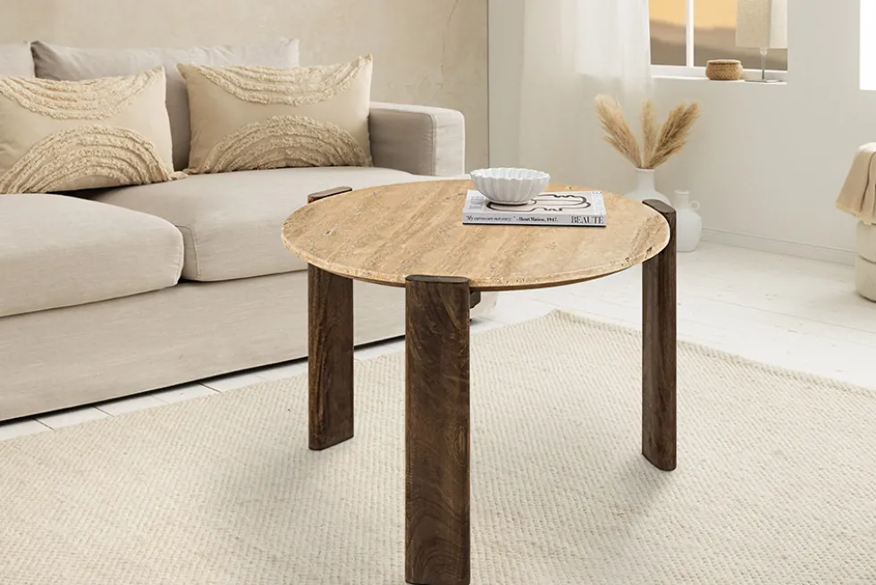 Runder Couchtisch GATSBY 70cm braun Mangoholz mit echtem Travertin