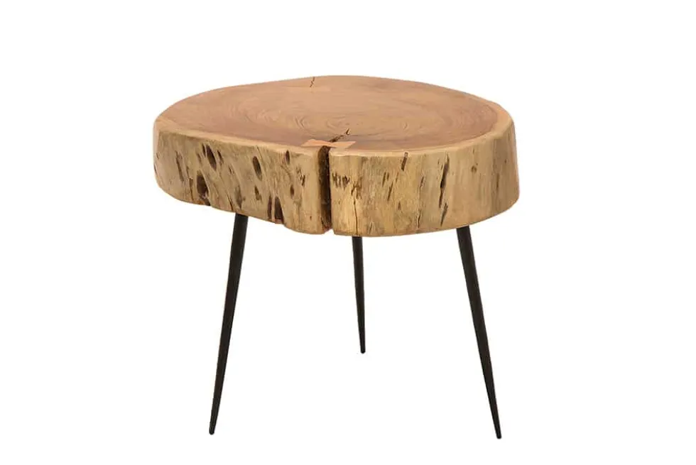 Runder Couchtisch GOA 60cm Akazie Massivholz Baumstamm schwarze Metallbeine