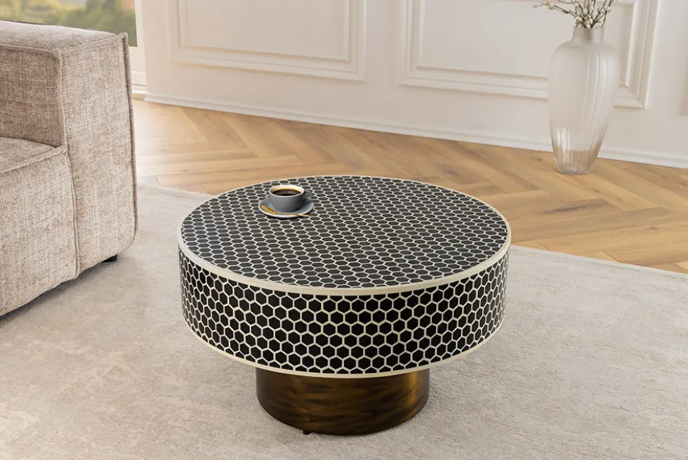 Runder Couchtisch HARMONY NATURE 60cm schwarz weiß gold mit Mosaik