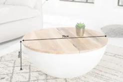 Runder Couchtisch INDUSTRIAL STORAGE 70cm weiß natur Massivholz mit Stauraum handmade