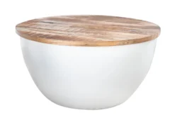 Runder Couchtisch INDUSTRIAL STORAGE 60cm weiß natur Mangoholz mit Stauraum handmade