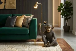 Runder Couchtisch KING APE 65cm schwarz gold Glas Affenfigur handmade