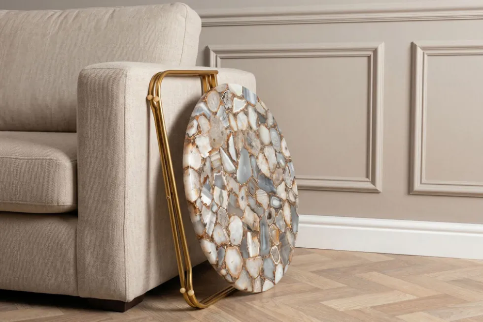 Runder Couchtisch NOBLE 65cm Edelstein Achat abnehmbare Tischplatte goldenes Metallgestell