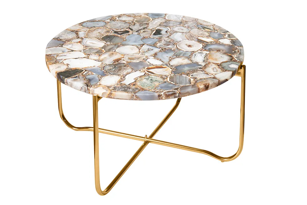Runder Couchtisch NOBLE 65cm Edelstein Achat abnehmbare Tischplatte goldenes Metallgestell