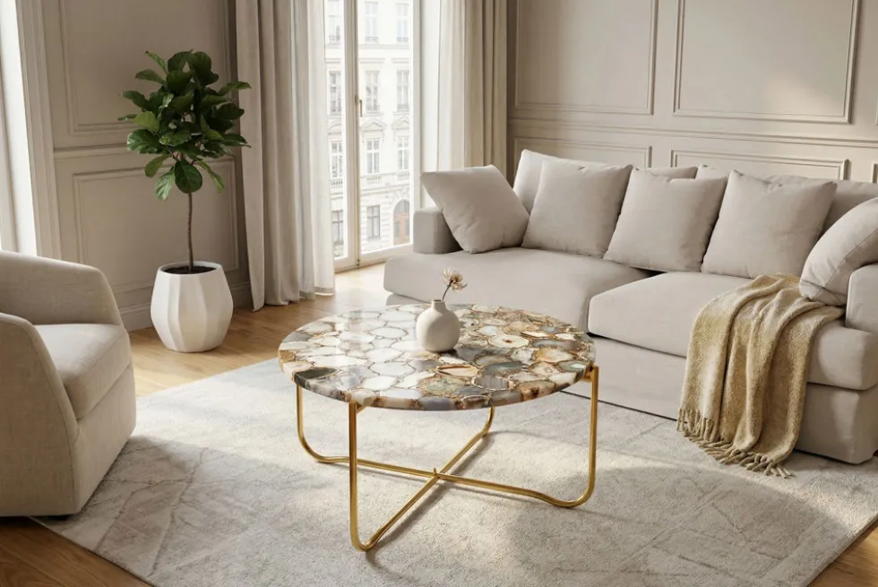 Runder Couchtisch NOBLE 65cm Edelstein Achat abnehmbare Tischplatte goldenes Metallgestell