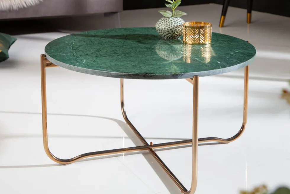 Runder Couchtisch NOBLE 65cm grün Marmor abnehmbare Tischplatte klappbar gold Metall