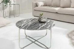 Runder Couchtisch NOBLE 65cm grau Marmor abnehmbare Tischplatte klappbar silber Metall