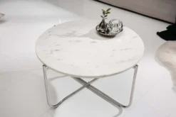 Runder Couchtisch NOBLE 65cm weiß Marmor abnehmbare Tischplatte klappbar silber Metall