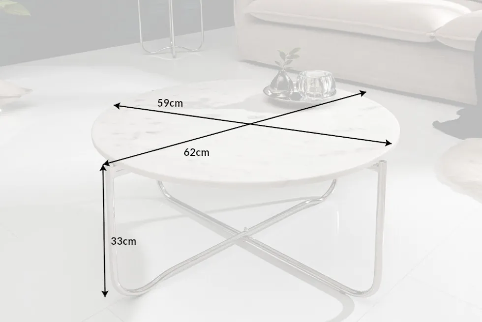 Runder Couchtisch NOBLE 65cm weiß Marmor abnehmbare Tischplatte klappbar silber Metall