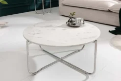 Runder Couchtisch NOBLE 65cm weiß Marmor abnehmbare Tischplatte klappbar silber Metall