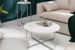 Runder Couchtisch NOBLE 65cm weiß Marmor abnehmbare Tischplatte klappbar silber Metall