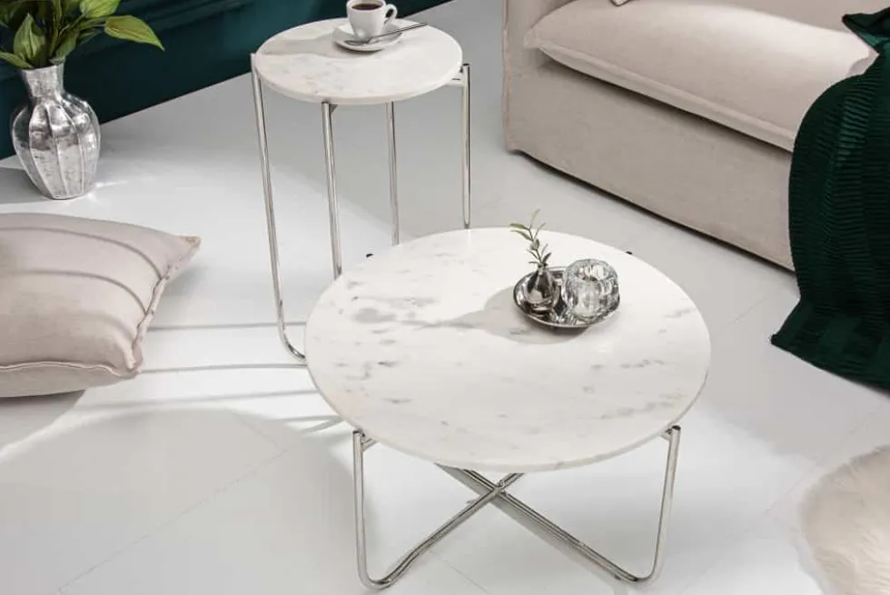 Runder Couchtisch NOBLE 65cm weiß Marmor abnehmbare Tischplatte klappbar silber Metall