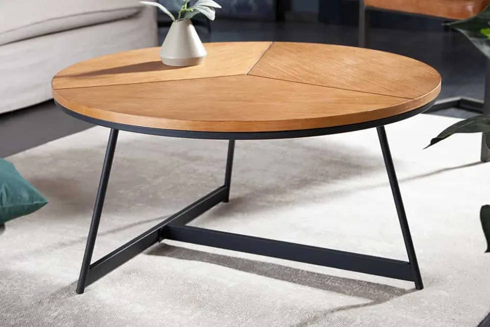 Runder Couchtisch OAK ELEGANCE 80cm Eiche Holz-Design schwarzes Metallgestell