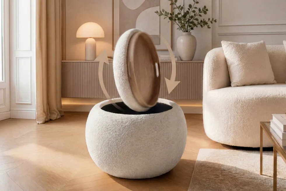 Runder Couchtisch ORBIT 50cm beige Bouclé Hocker mit Tablett und Stauraum