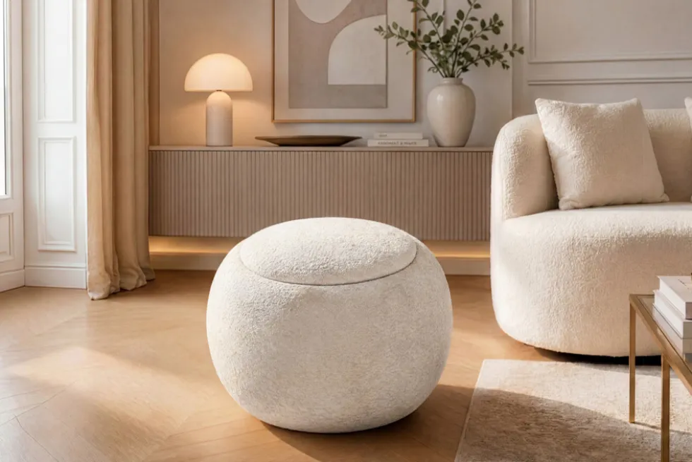Runder Couchtisch ORBIT 50cm beige Bouclé Hocker mit Tablett und Stauraum