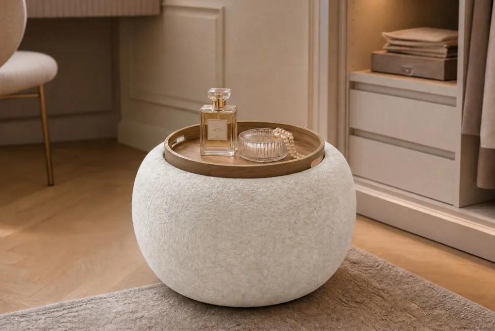 Runder Couchtisch ORBIT 50cm beige Bouclé Hocker mit Tablett und Stauraum
