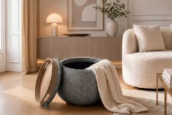 Runder Couchtisch ORBIT 50cm grau Bouclé Hocker mit Tablett und Stauraum