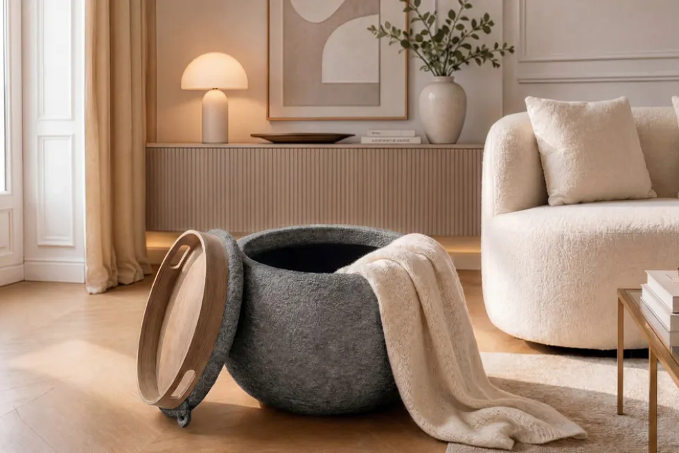 Runder Couchtisch ORBIT 50cm grau Bouclé Hocker mit Tablett und Stauraum