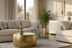 Runder Couchtisch ORIENT III 60cm gold Metall Hammerschlag Design handmade