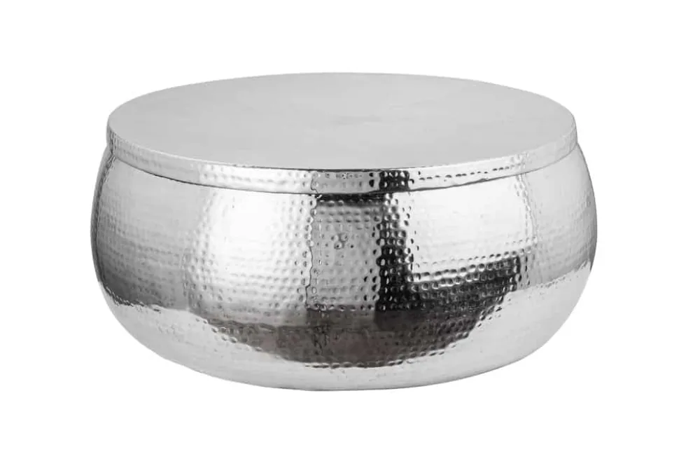 Runder Couchtisch ORIENT STORAGE 70cm silber Metall mit Stauraum Hammerschlag Design handmade