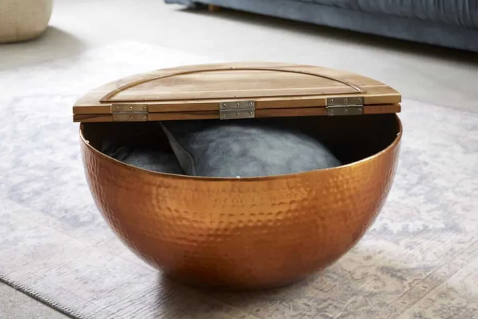 Runder Couchtisch ORIENT STORAGE 60cm kupfer Hammerschlag handmade Akazienholz mit Stauraum