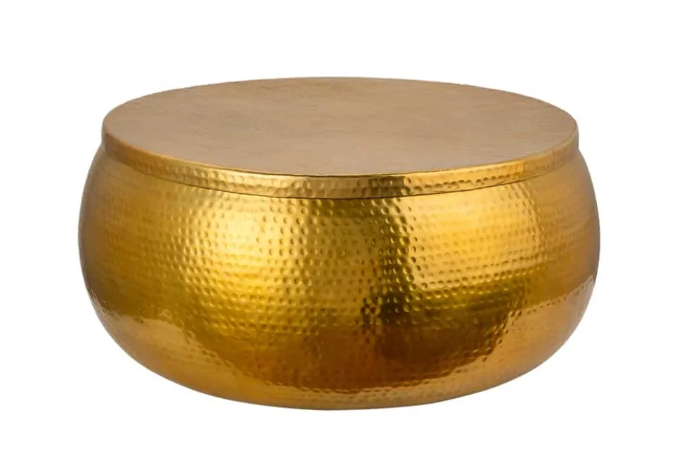 Runder Couchtisch ORIENT STORAGE 70cm gold Metall mit Stauraum Hammerschlag Design handmade