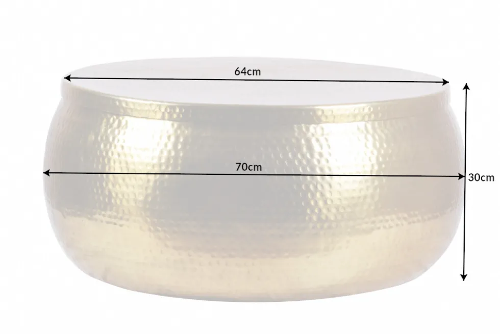 Runder Couchtisch ORIENT STORAGE 70cm gold Metall mit Stauraum Hammerschlag Design handmade