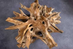 Runder Couchtisch ROOT 100cm natur Teak Massivholz aus Wurzelholz mit Glasplatte