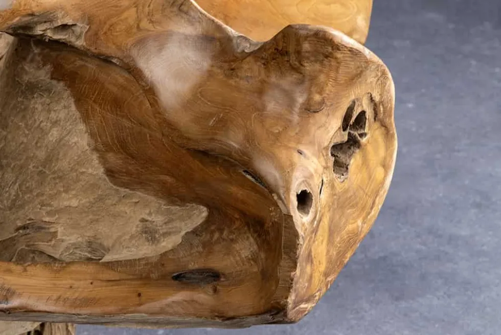 Runder Couchtisch ROOT 100cm natur Teak Massivholz aus Wurzelholz mit Glasplatte