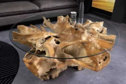 Runder Couchtisch ROOT 100cm natur Teak Massivholz aus Wurzelholz mit Glasplatte